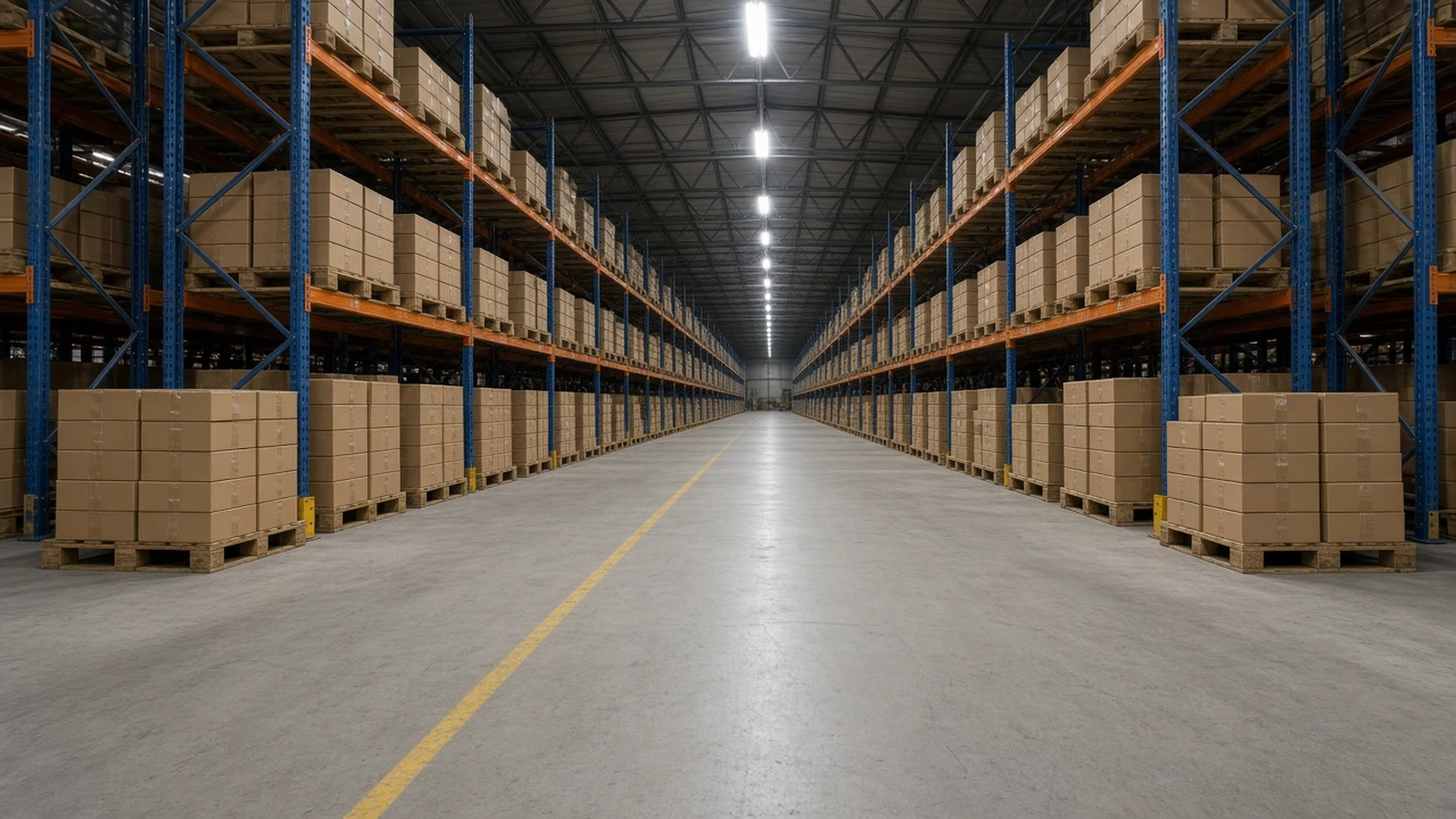 Pallets of can-liner cases in a distribution aisle
